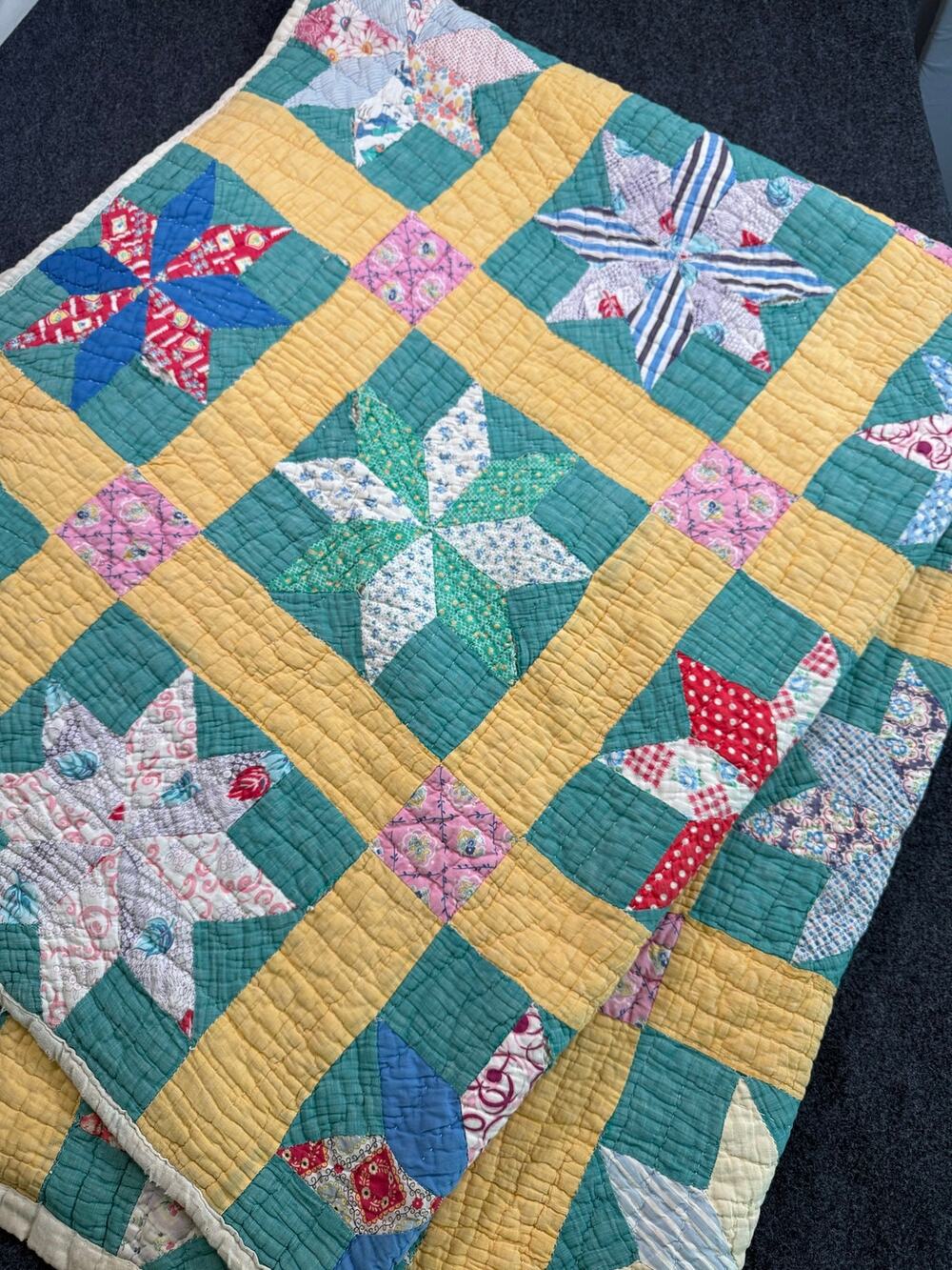 Vintage eight point star hand sewn patchwork quilt multicolored feedsack 82x65